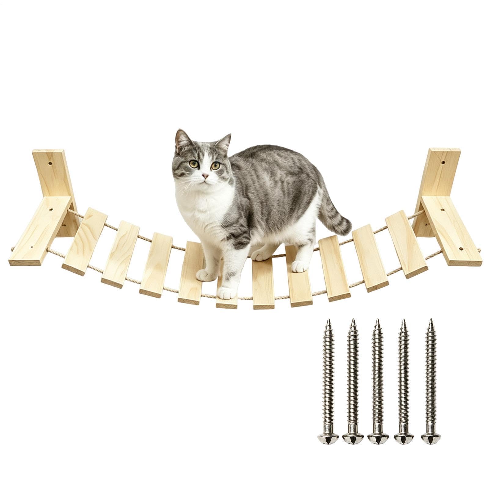 Wooden Cat Wall Shelf with Hanging Bridge for Indoor Kittens and Cats