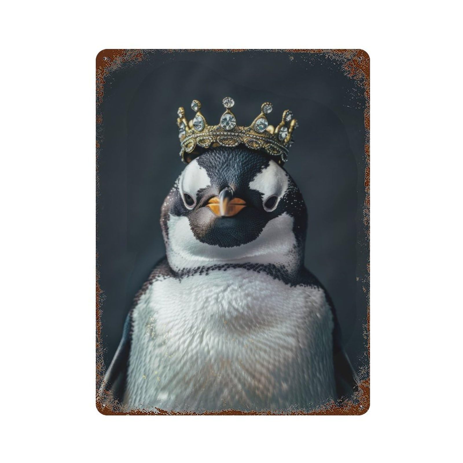Cute Penguin King Vintage Wall Sign 15.7"x11.8", Rust Effect Metal Decor for Cafe, Home Bar And Lounge Decor