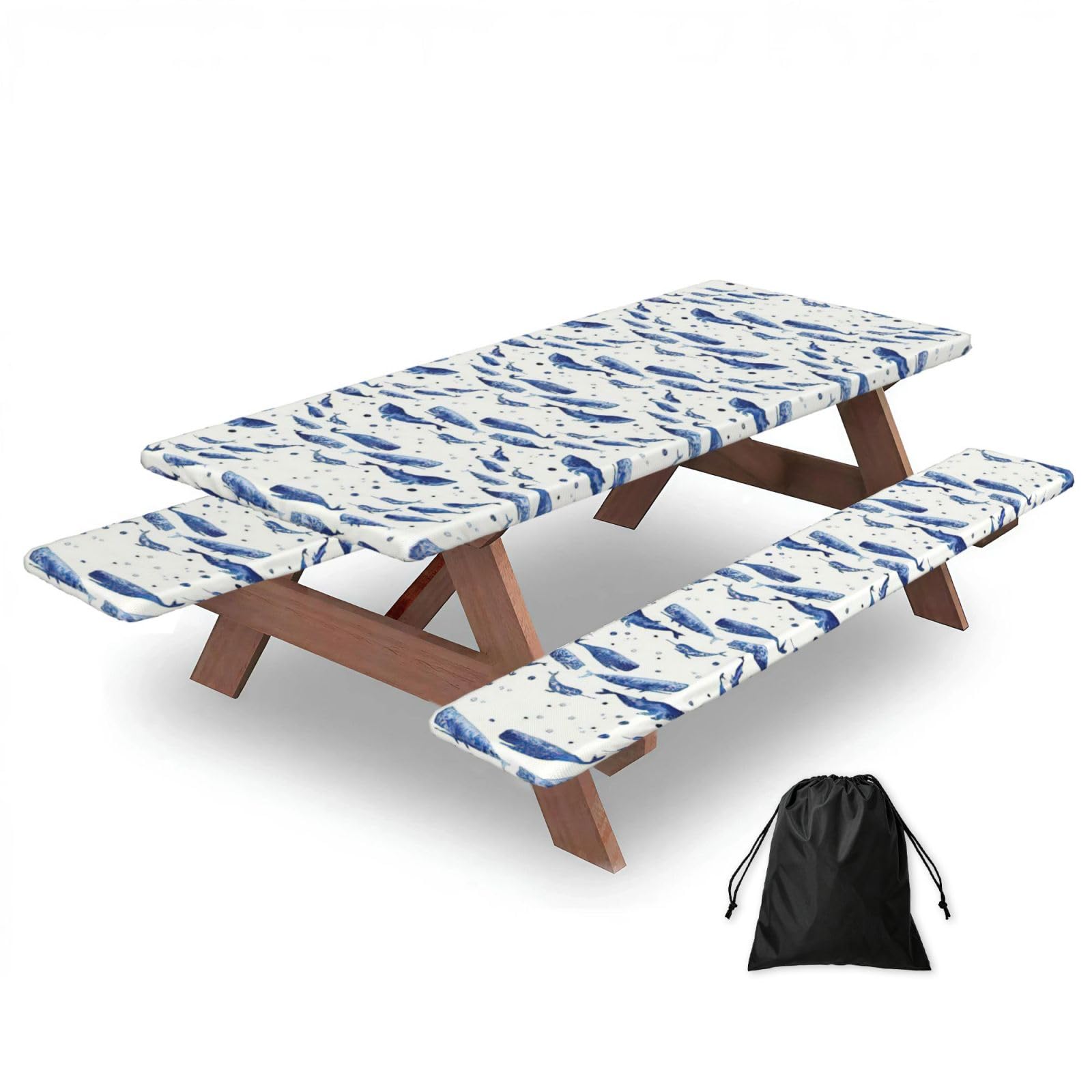 Zyjhyy Black Small Blue Whale Swimming Print Party Table Covers With Bench Covers Set Of 3 Picnic Table Cloth Wipe Clean For Garden Camping