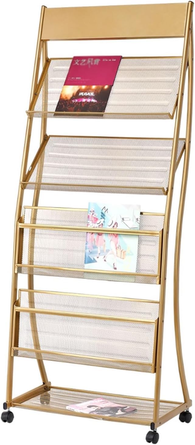 CGCSYZ Floor Standing Magazine Rack, 4 Tiers with Wheels, Brochure Display, Information Display, Mobile Newsstand Brochure Display Stand for Exhibitions (Gold)