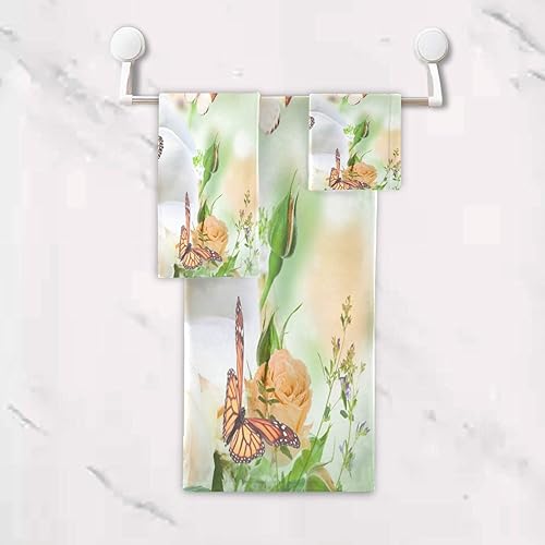 Miniatura 5 de Juego de toallas de baño, ramo de rosas amarillas y lirios blancos de cala, toallas de mariposa, 3 piezas, 1 toalla de baño, 1 toalla, 1 toalla de