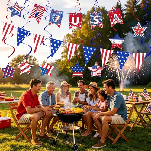 Image of 4th of July Decorations for Independence Day with USA Banner, Red White and Blue Decorations with Pennant Banner Flags, Hanging Star for Patriotic Decoration