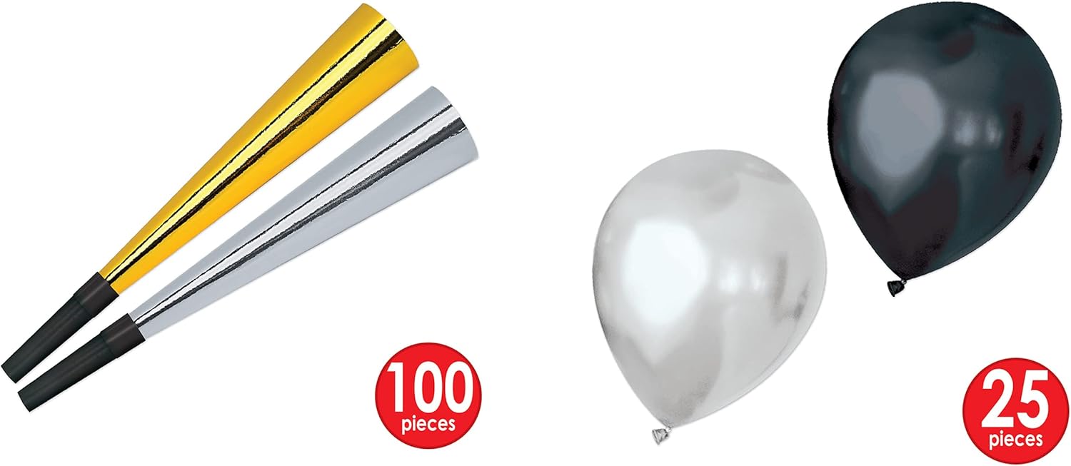 Beistle Super Deluxe Assortment for 100 People New Year’s Eve Party Supplies Photo Booth Props – Hats, Tiaras, Noisemakers, Balloons, One Size, Black/Silver/Gold : Home & Kitchen