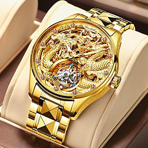 Image of OUPINKE Men's Watches Automatic Self-Winding Luxury Diamond Mirror Skeleton Mechanical Watch Date Dress Business Tungsten Steel Waterproof Luminous Wrist Watches for Men