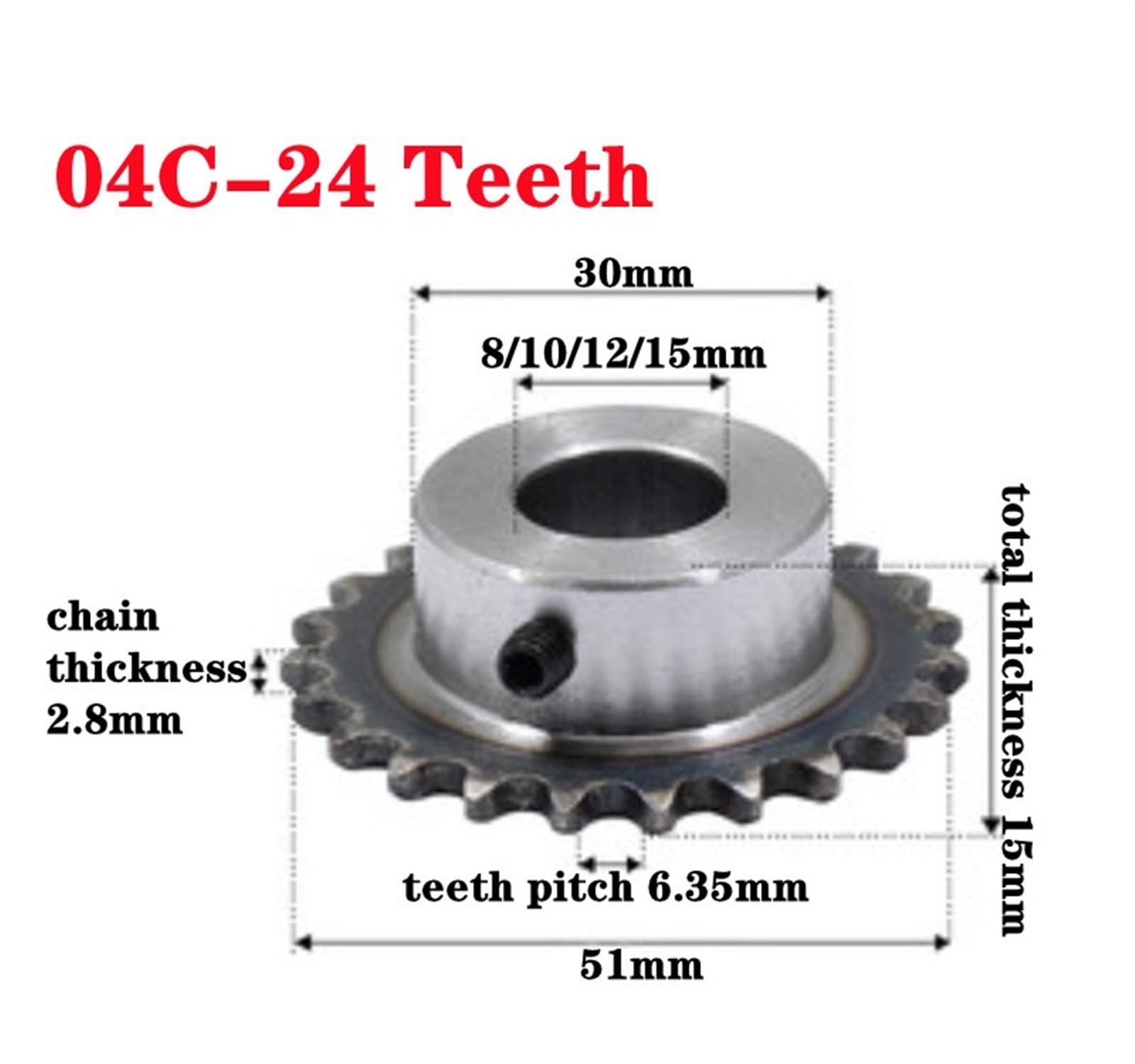 Bevel Gear Pinion Hardware Mechanical 1pcs 04C Sprocket 24Teeth Inner Hole 8/10/12/15mm 25H Steel Sprocket Hole Sprocket Screw Hole M5(12mm)