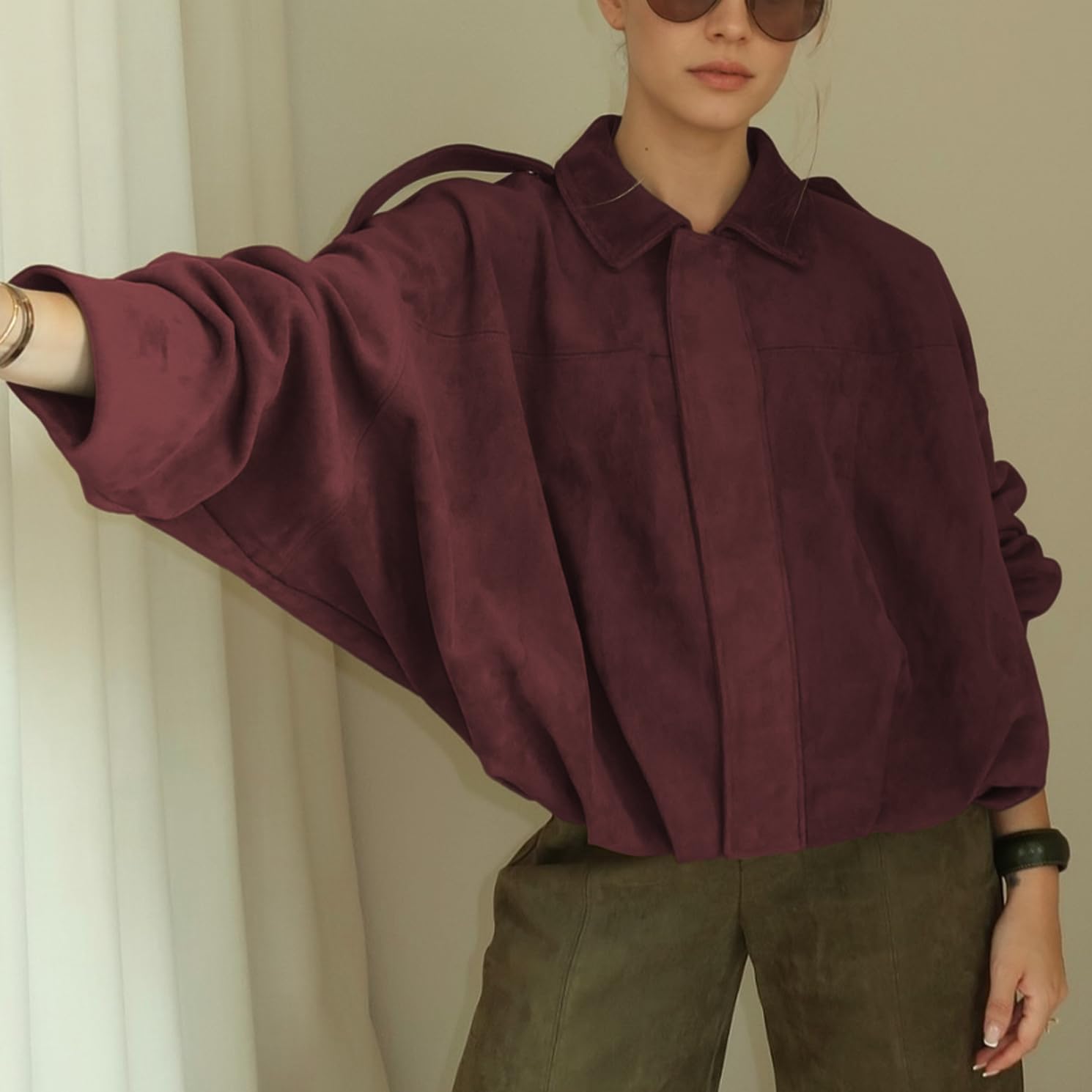 Womens Faux Suede Bomber Jacket Casual Lightweight Batwing Long Sleeve Oversized Coat Streetwear Outfits - Image 6