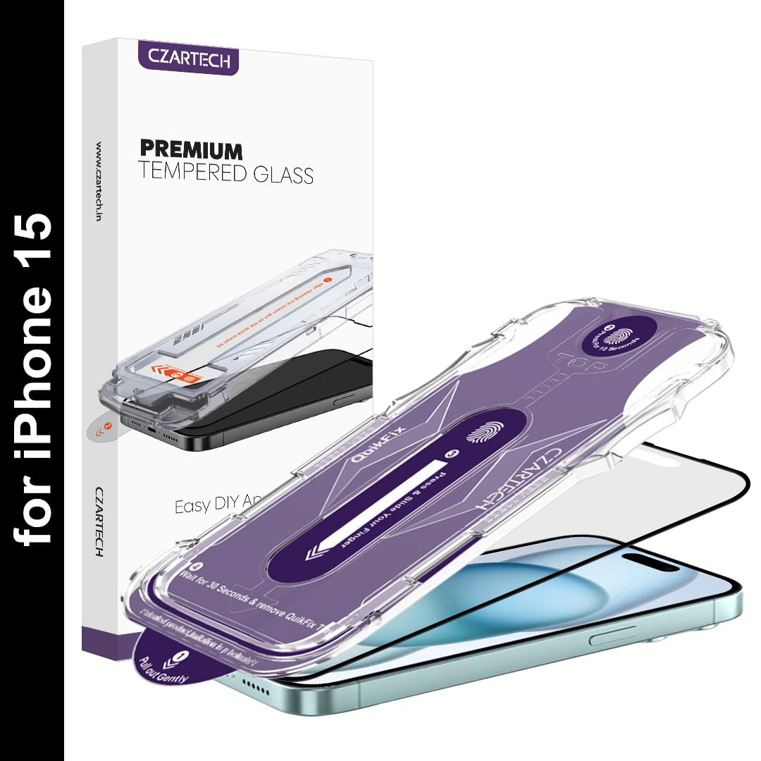 Czartech [Auto-Align Matte Tempered Glass for iPhone 15 Edge to Edge Screen Guard Protector Full Coverage glass with Quik Fix Application kit.-picture-25