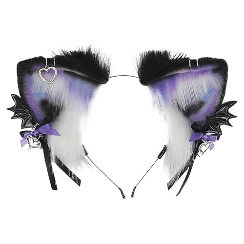 Jilneed Faux Fur Headbands for Women Furry Fox Cat Ears Headband Goth Halloween Fancy Cosplay Animal Ear Hair Accessories - Black Purple