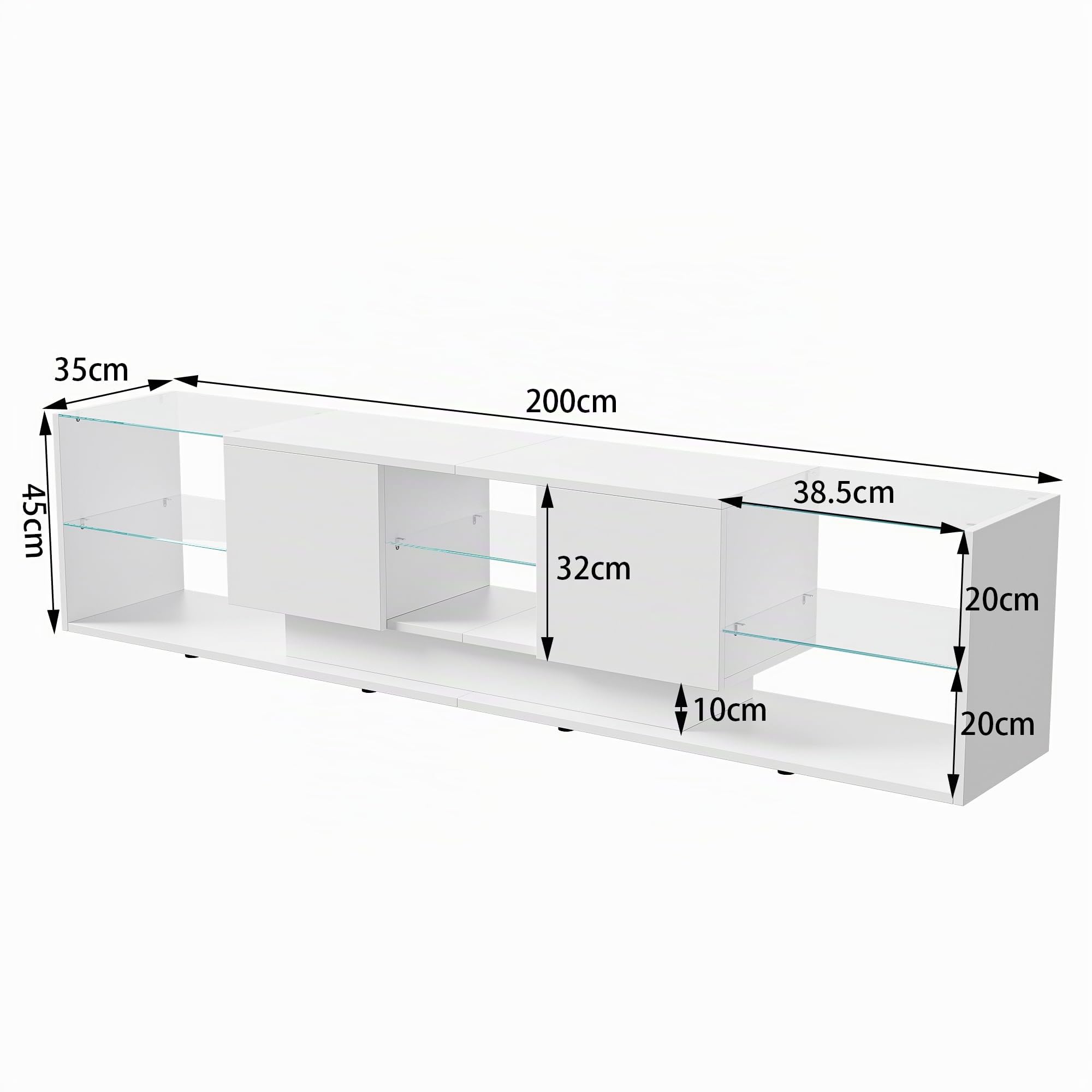 Meuble TV LED, Meuble TV Blanc Brillante, Armoire De Télévision avec 2 Tiroirs, étagères Ouvertes en Verre, Meuble Tele, Moderne Table Television pour Salon Ou Chambre, 200x35x45 cm, Blanc