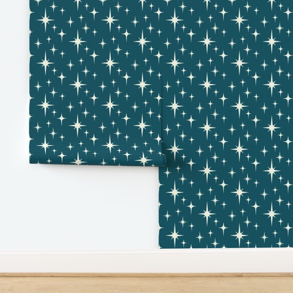 Peel & Stick Wallpaper 3ft x 2ft - Mid Century Modern Atomic Teal Vintage Retro 1950S Custom Removable Wallpaper by Spoonflower