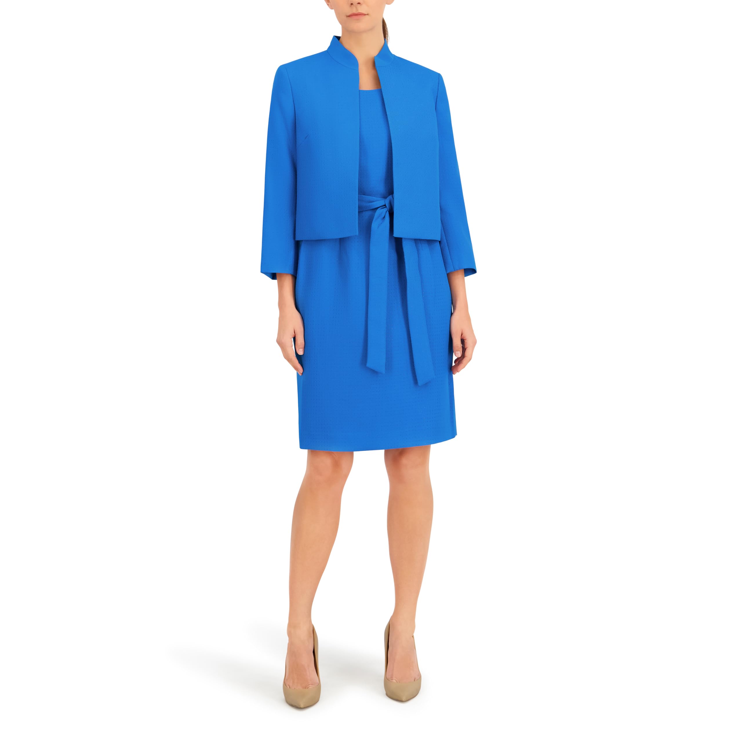 Le Suit Womens Petite Stand Collar Blazer Belted Sheath Dress 2pc Set Imperial Blue