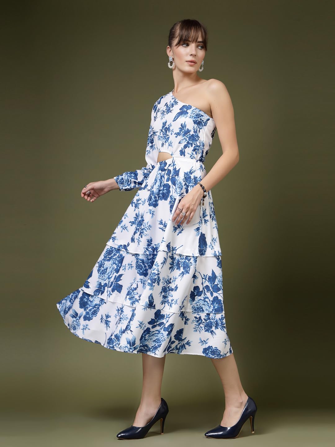 Oomph Women's Western & Fusion Wear Printed Crepe Dress For Women, One Shoulder, White - Md1071