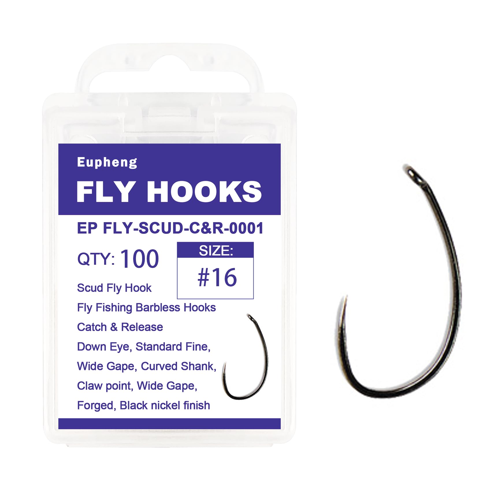 Eupheng Fly Fishing Hooks 100pc Pack Barbless Catch & Release Dry Wet Nymph Shrimp&Pupa, Streamer, Caddis, Jig, Scud Flies Fishing Hooks