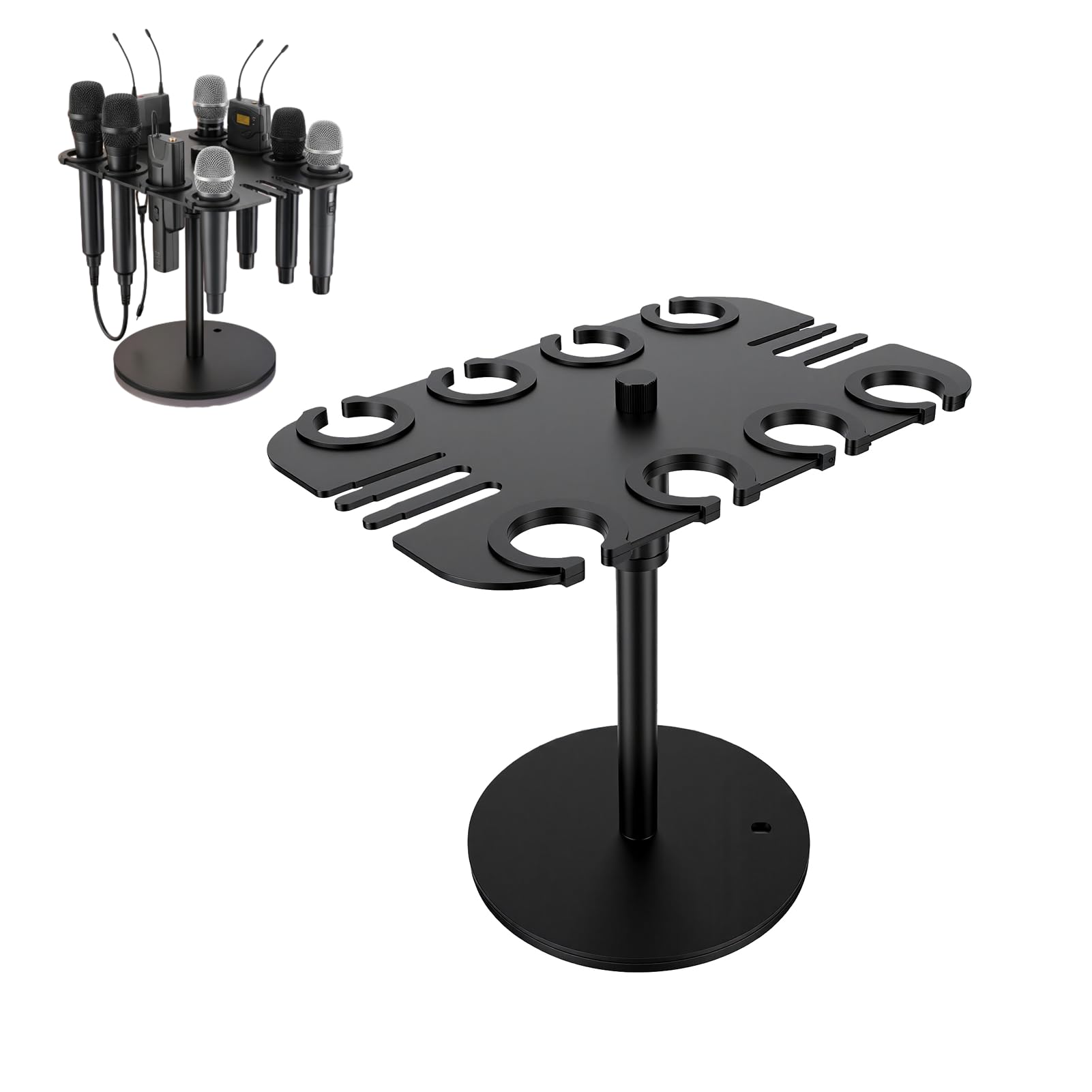 Supporto Multi-Microfono per Microfoni Cablati e Wireless, 8 Slot, Supporto Quadrato per Microfono, Vassoio per Palco, Antivibrazione, Montabile su Scrivania o a parete.