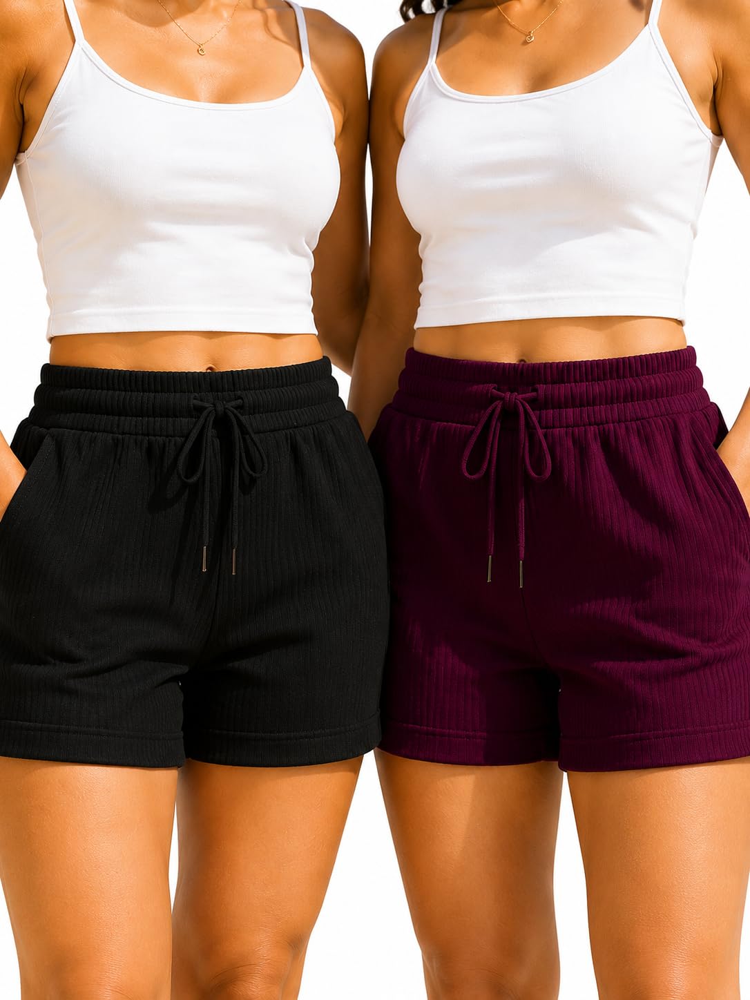 Women's Ribbed Casual Shorts Pack of 2 | Soft Stretch Drawstring Elastic Waist Summer Shorts | Lounge, Sports, Beach, Travel-picture-23