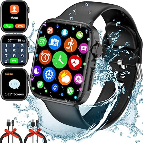 Smart Watch (Answer/Make Call), 1.81'' Touch Large Screen, Fitness Tracker Watch, Heart Rate Monitor, Step Counter, Activity Trackers Smart watches for Women Men iOS Android, 2 Charging Cables, Black