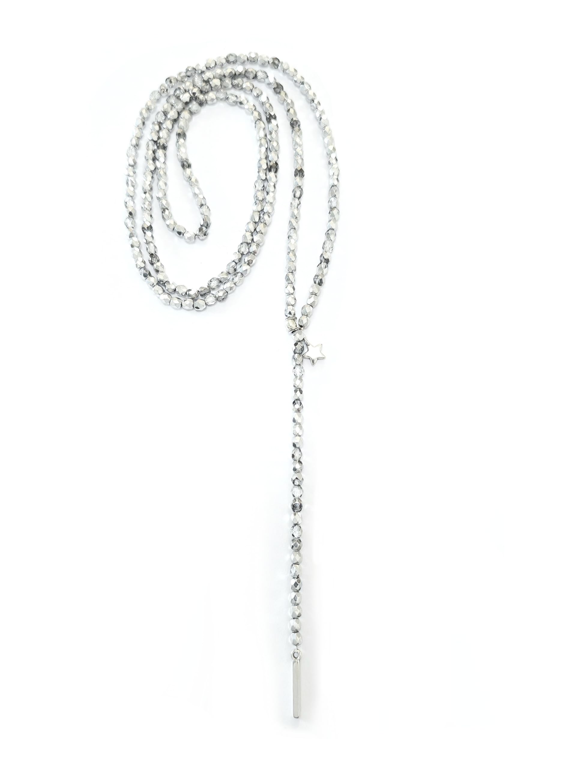 Andrea Traub - FASHION Y-Kette lange Halskette Ypsilonkette silber glänzend schimmernde Glasperlen mit Anhänger Stern Geschenkidee für Damen