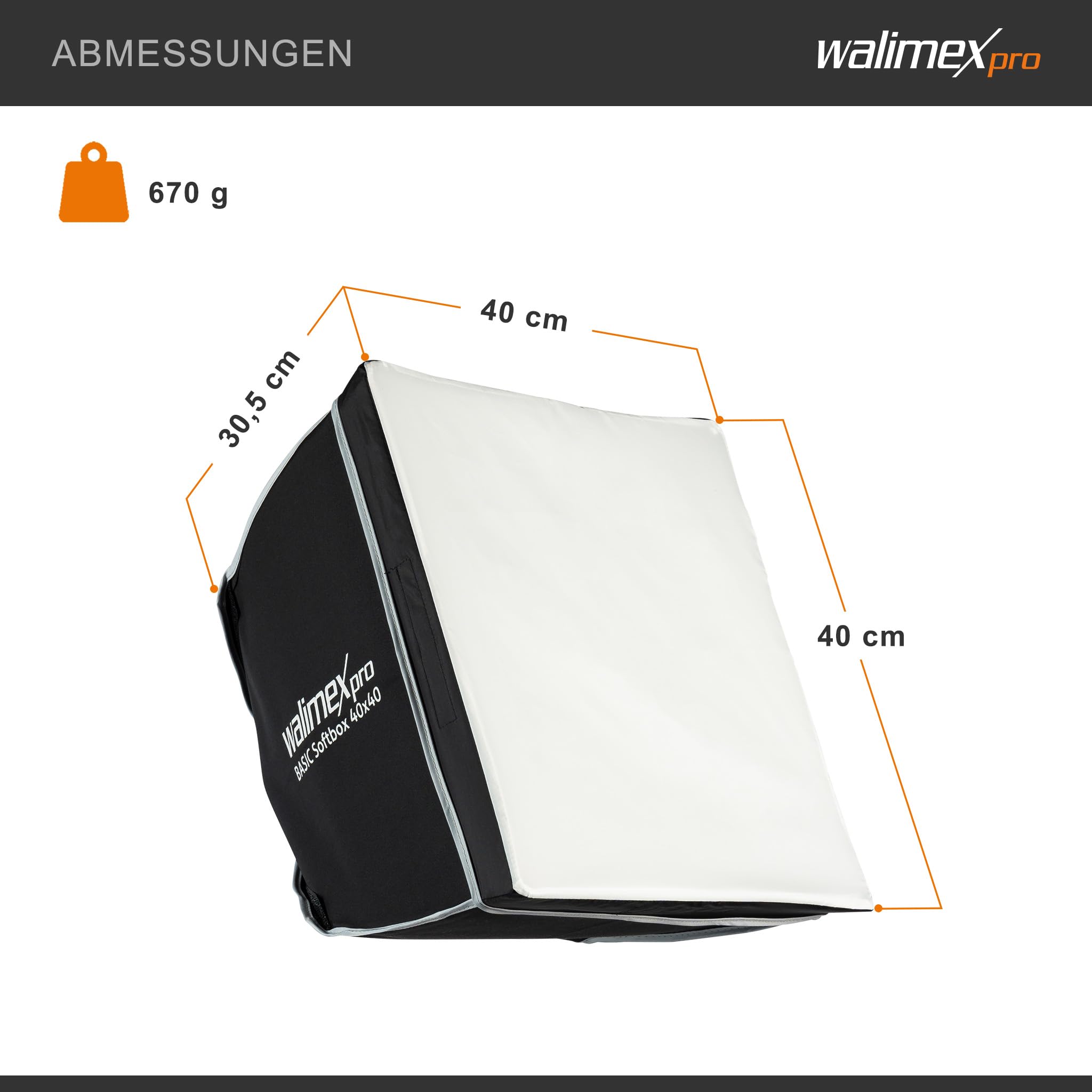 Walimex pro Softbox 40x40cm, ruotabile a 360°, incluso diffusore frontale e intermedio, borsa per il trasporto, adattatore Bowens, ideale per la fotografia di prodotti e persone