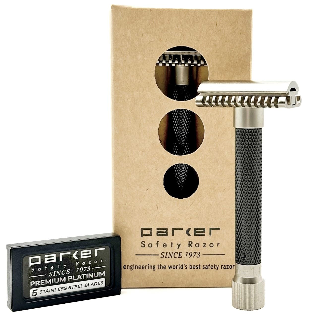 PARKER Safety Razor Men, The Variant Open Comb-Adjustable Double Edge Safety Razor, Customize Your Shave With A Turn Of The Dial From Mild To Aggressive-5 Blades Included (Graphite Gray)