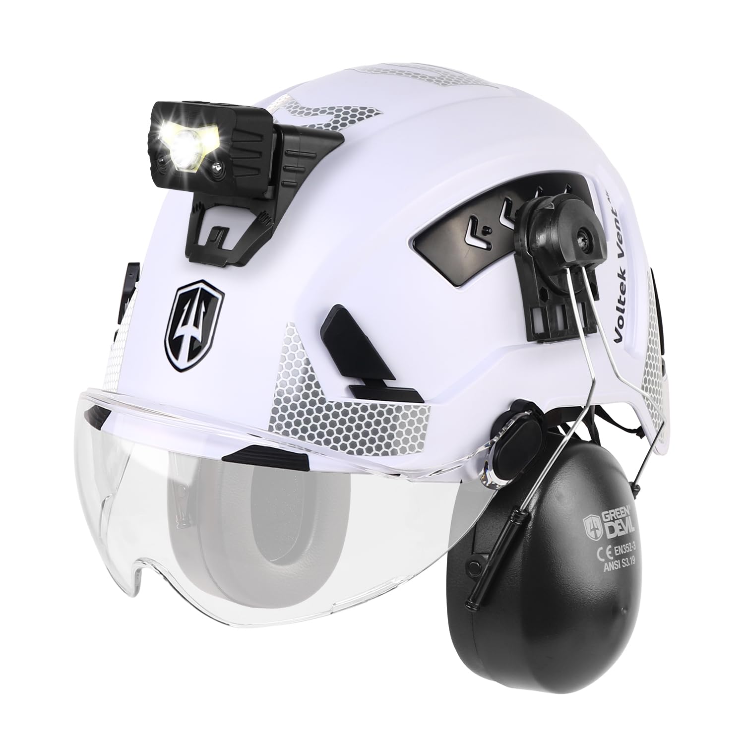GREEN DEVIL VOLTEK Vent AIR Set - Höhenarbeits-Schutzhelm EN12492 + Passiver Gehörschutz SNR 32dB + Klares Ersatzvisier + Intelligente Helmleuchte