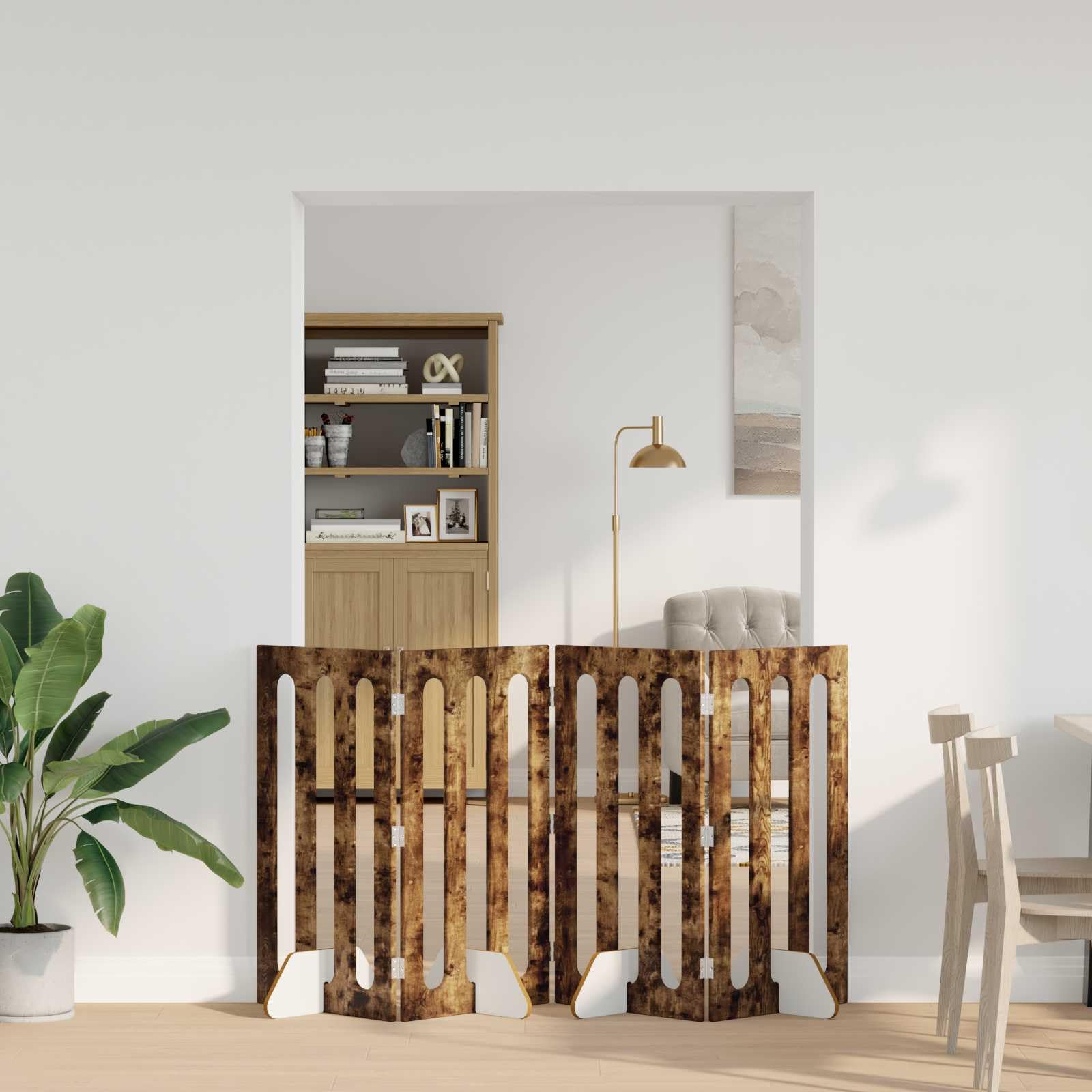 Recinzione pieghevole per animali domestici in legno di rovere affumicato, 4 pezzi, 201 x 38 x 90 cm, con pannelli pieghevoli flessibili e facile montaggio per interni e separazione sicura