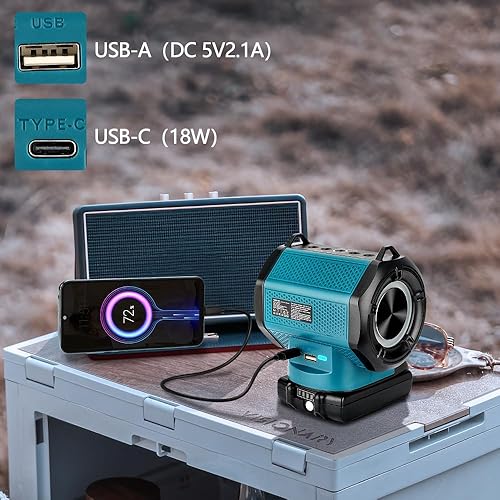 Miniatura 5 de Altavoz inalámbrico compatible con herramientas eléctricas Makita de 18 V, paquetes de baterías con puerto de carga USB, altavoz portátil para
