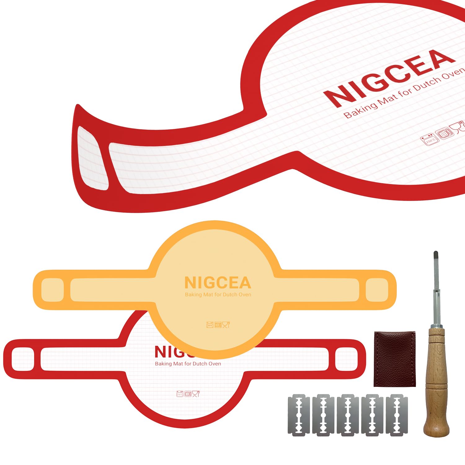 Silicone Bread Sling Sourdough Silicone Baking Mat for Dutch Oven, Long Handles Non-stick 8.3 Inch, 536º F/ 280º C, 2 Pcs Red + Orange
