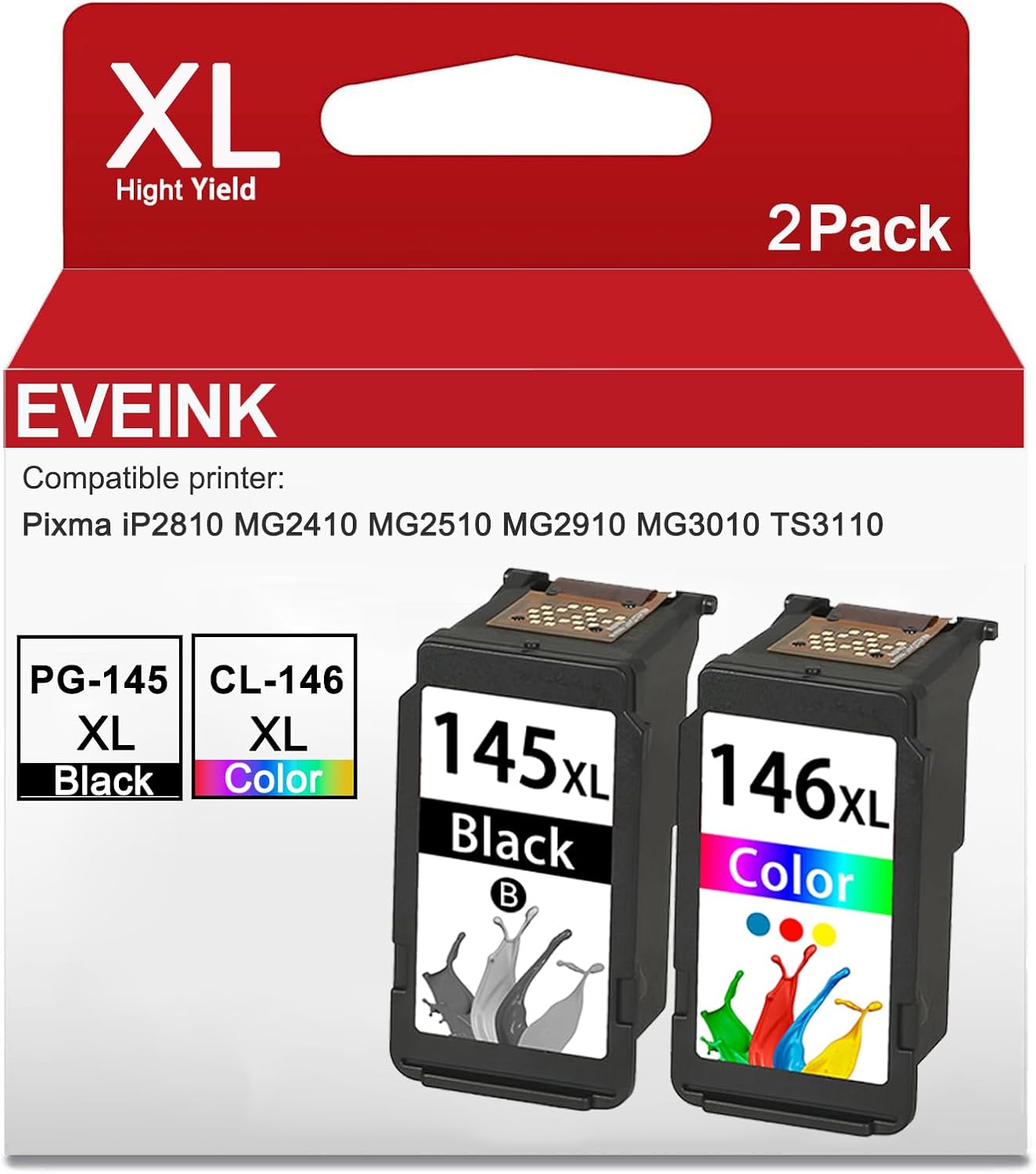 High Yield 145XL 146XL Ink Cartridges Replacement for Canon PG-145XL CL-146XL PG 145 146 Ink Cartridges Works for Pixma MG2510 TS3110 IP2810 MG2410 MG2910 MG3010 Printers (1 Black 1 Color)