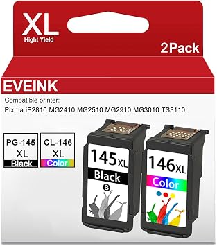 High Yield 145XL 146XL Ink Cartridges Replacement for Canon PG-145XL CL-146XL PG 145 146 Ink Cartridges Works for Pixma MG2510 TS3110 IP2810 MG2410 MG2910 MG3010 Printers 1 Black 1 Color