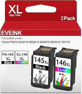 High Yield 145XL 146XL Ink Cartridges Replacement for Canon PG-145XL CL-146XL PG 145 146 Ink Cartridges Works for Pixma MG2510 TS3110 IP2810 MG2410 MG2910 MG3010 Printers (1 Black 1 Color)