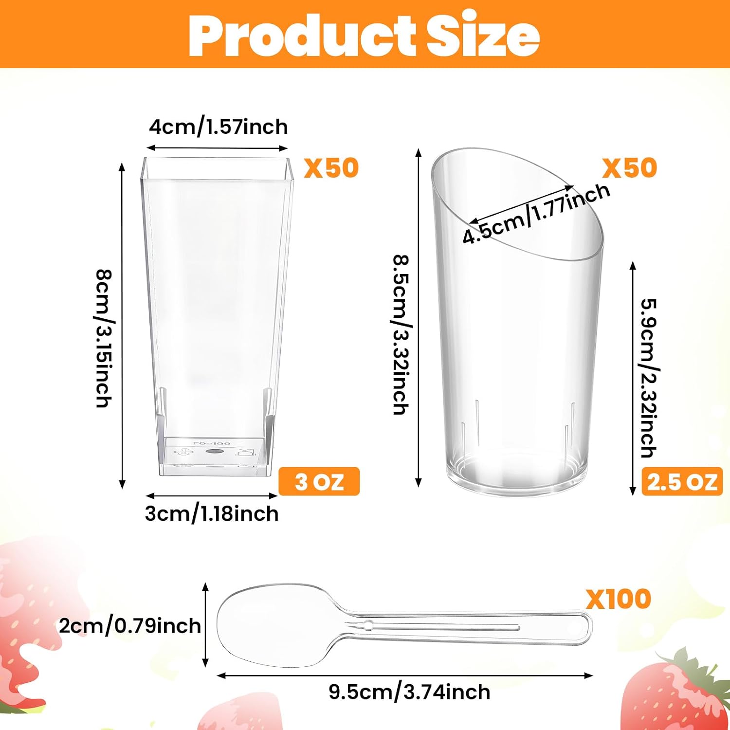 200 Pcs Mini Dessert Cups with Spoons Include 3 oz Square Plastic Appetizer Cups 2.5 oz Slanted Round Parfait Shooter Cup Small Clear Mousse Pudding Cup for Wedding Baby Shower Graduation Party