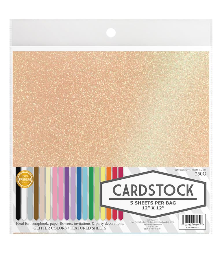 Irdecent Glitter - Crafting Cardstock, 13 Color Choices, 250g. 12" x 12" Inch, 5 Premium Sheets (Peach)