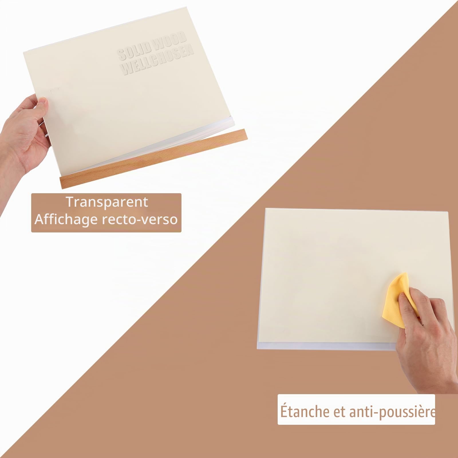 APACALI Lot de 4 présentoirs A4 - Format paysage - En acrylique - Avec base en bois - Support de panneau double face - Support en L pour présentoir publicitaire, restaurant, comptoir