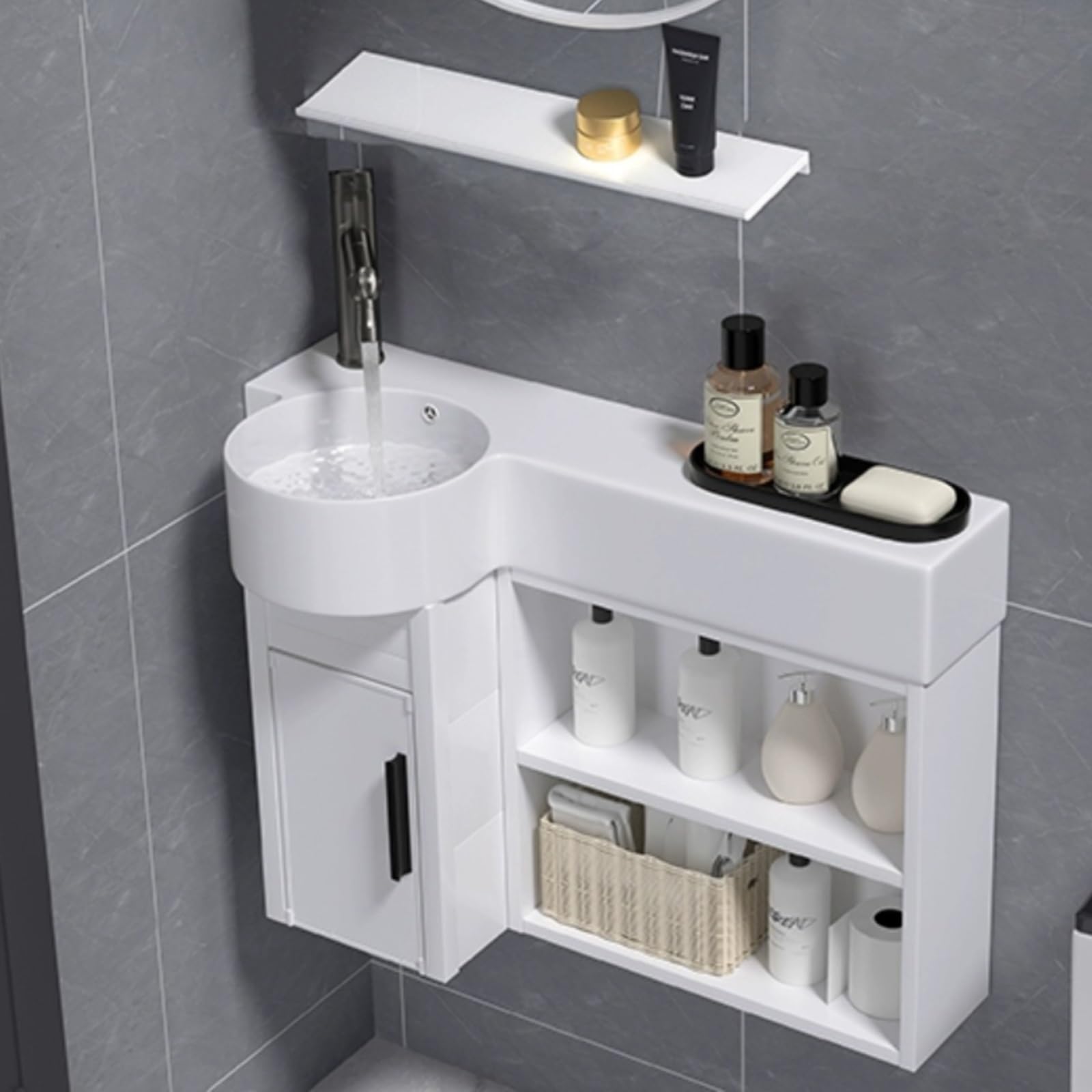 DFGHNBVC Small Bathroom Sink Wash Basin Corner Compact Sink, With Storage Cabinet, With Drain, For Small Space, Indoor And Outdoor,White-55Cm
