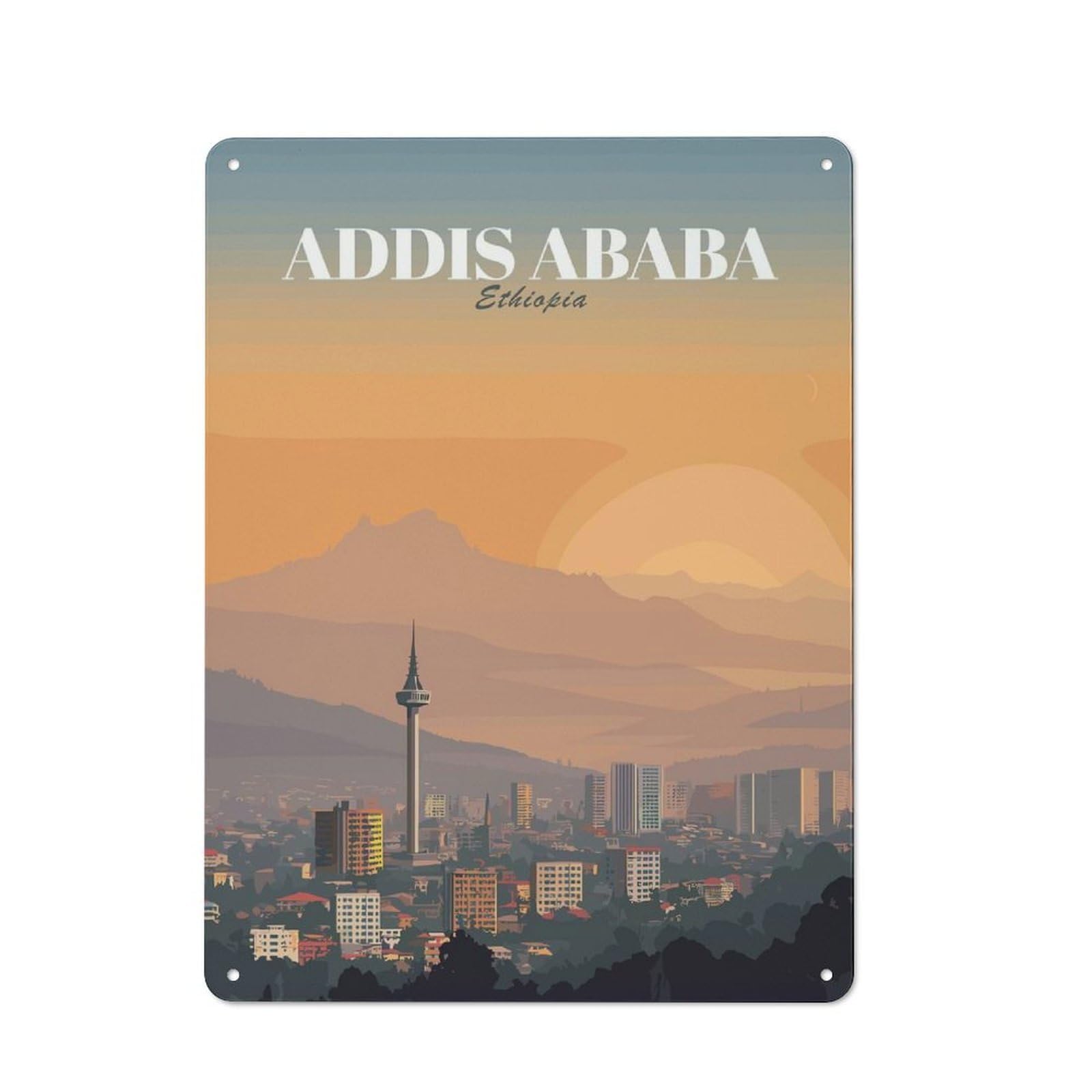 Junmoney Style-16 Addis Ababa, Ethiopia Cityscape Art Decorative Metal Sign 40X30cm, Country Style Bistro Wall Plaque For Kitchen, Cafe, Pantry Or Dining Room