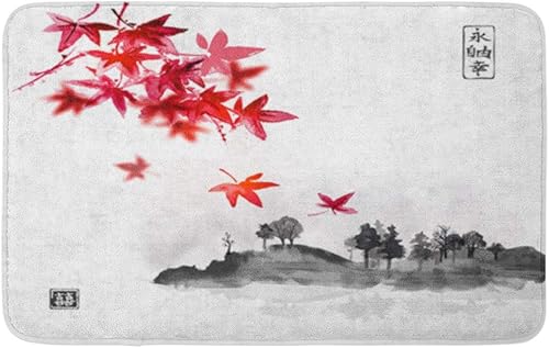 20"x30" Bath Mat Red Japanese Maple Leaves and Island Trees in Fog Cozy Bathroom Decor Bath Rug with Non Slip Backing