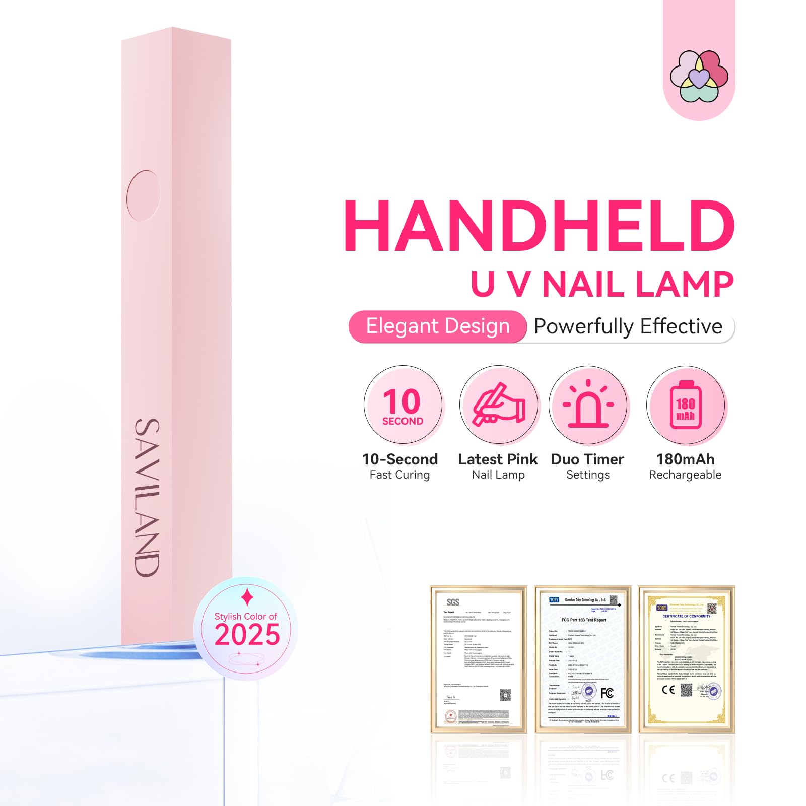 SAVILAND U V Light for Gel Nails 10s Ultra-Fast Curing: U V Nail Lamp 2025 Handheld LED Nail Lamp 180mAh Rechargeable Cordless Nail U V Light 20s/60s Dual Timers for Gel Polish 3D Nail Art Pink - Image 2