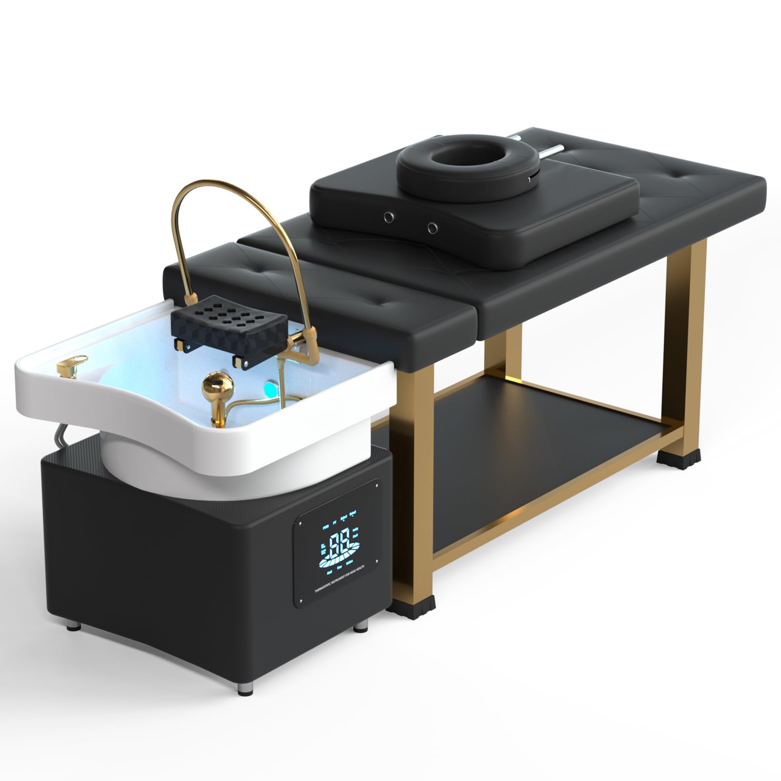 Lettino per massaggio Head Spa con shampoo, vapore integrato, circolazione dell'acqua, terapia con luce LED, lettino per il viso in memory foam, colore dorato
