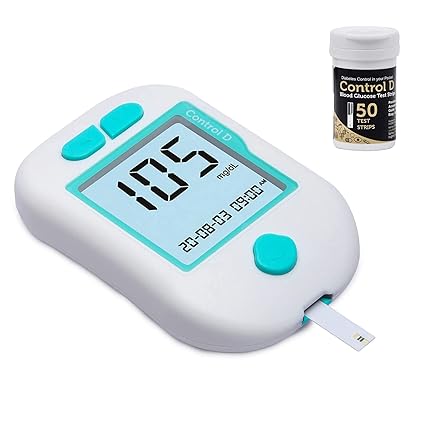 Control D Advanced Digital Diabetes Glucose Blood Sugar Testing Monitor with 50 Strips of Glucometer (White, Green)