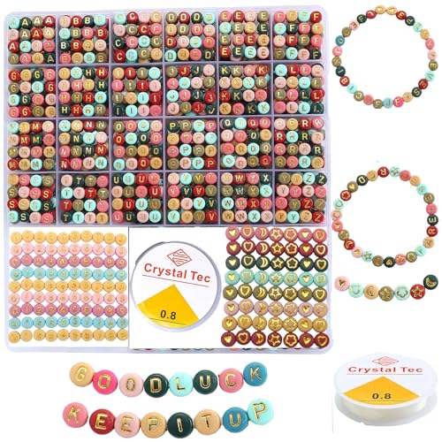 nikkiGuo 1250 PCS Letter Beads Kit with Elastic Cord Alphabet AZ Numbers Heart Moon Star Smiley Beads for Friendship Bracelets & DIY Jewelry (Colorful Beats & Golden Letters)