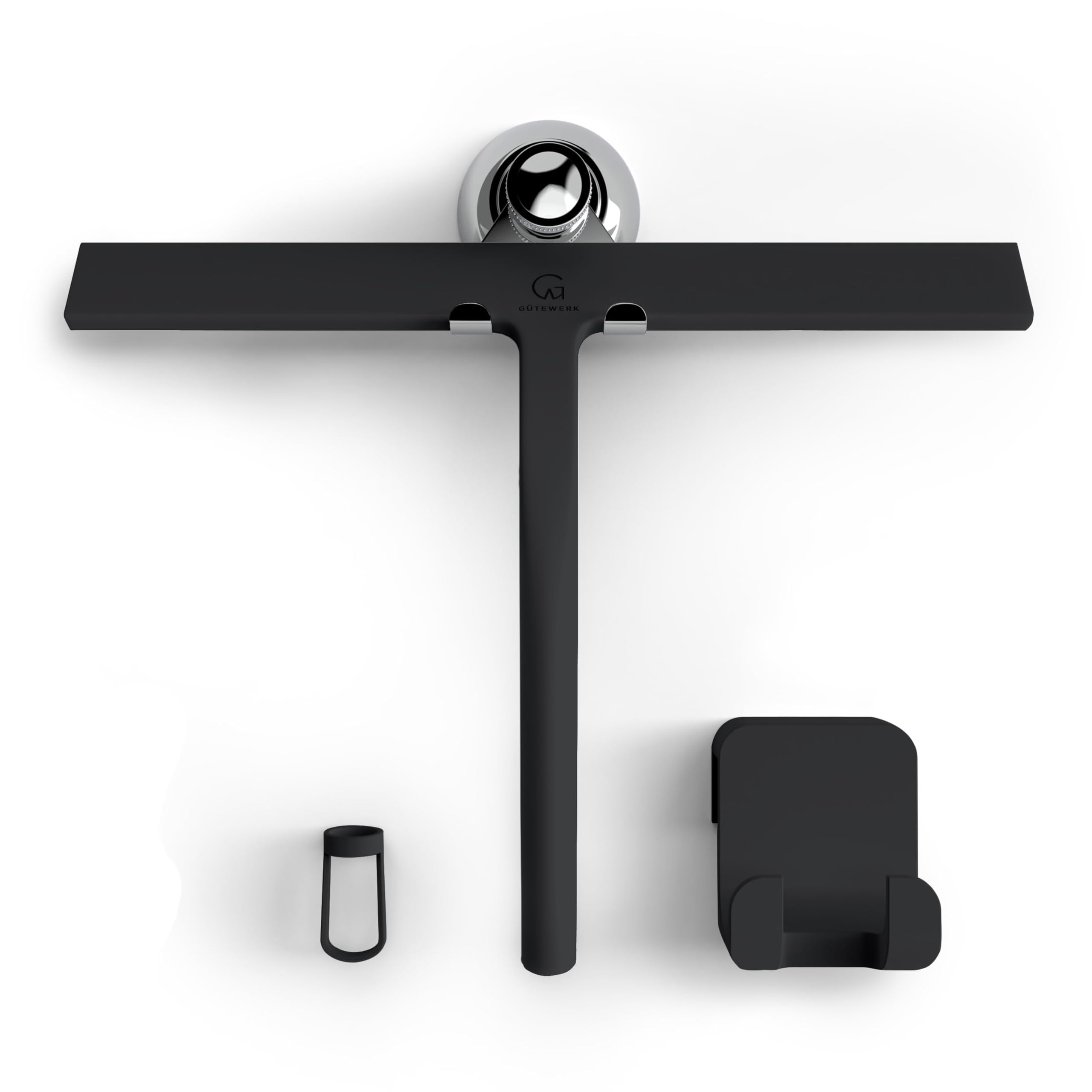 GÜTEWERK shower squeegee black 11 in - incl. chrome suction cup hook - stainless steel core - silicone rubber squeegees for bathroom cleaning - window screen wiper cleaner glass scraper blade showers