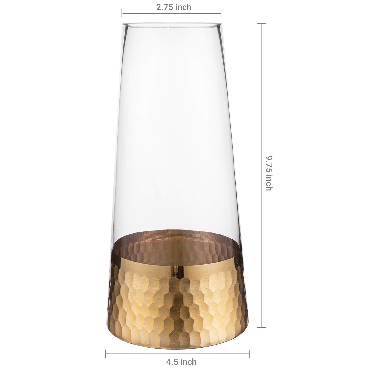 MyGift Clear Glass and Gold Flower Vase Decor, Table Vase with Gold-Tone Metal Hammered Base Accent