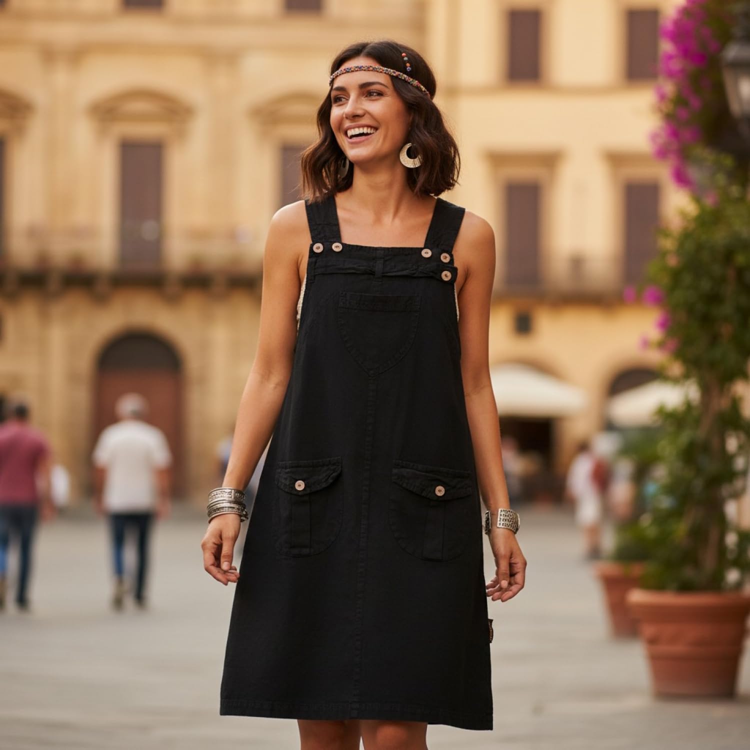 GURU SHOP Latzrock, Trägerkleid, Hippierock - Olive, Damen, Baumwolle | Bequemes Kleid mit aufgesetzten Taschen, knielang, vielseitig kombinierbar, normaler Schnitt.