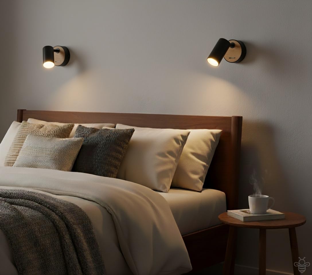 2er Set verstellbare schwarze Aluminium-Wandlampen mit Holz GU10 Wandspot Leselampen mit Schalter Innen ohne Leuchtmittel