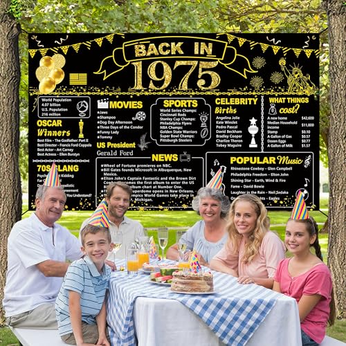 Image of DARUNAXY 51st Birthday Black Gold Party Decoration, Back in 1975 Banner 51 Year Old Birthday Party Poster Supplies Vintage 1975 Backdrop Photography Background for Men & Women 51st Class Reunion Decor