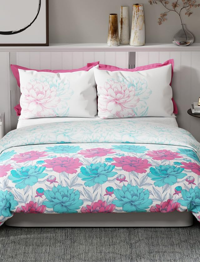 Image of United Colors of Benetton Rainbow Floral Cotton Queen Bedsheet with 2 Pillow Covers | 144 TC | Soft, Skin-Friendly & Breathable Bed Linen | Queen Size Bedding Set