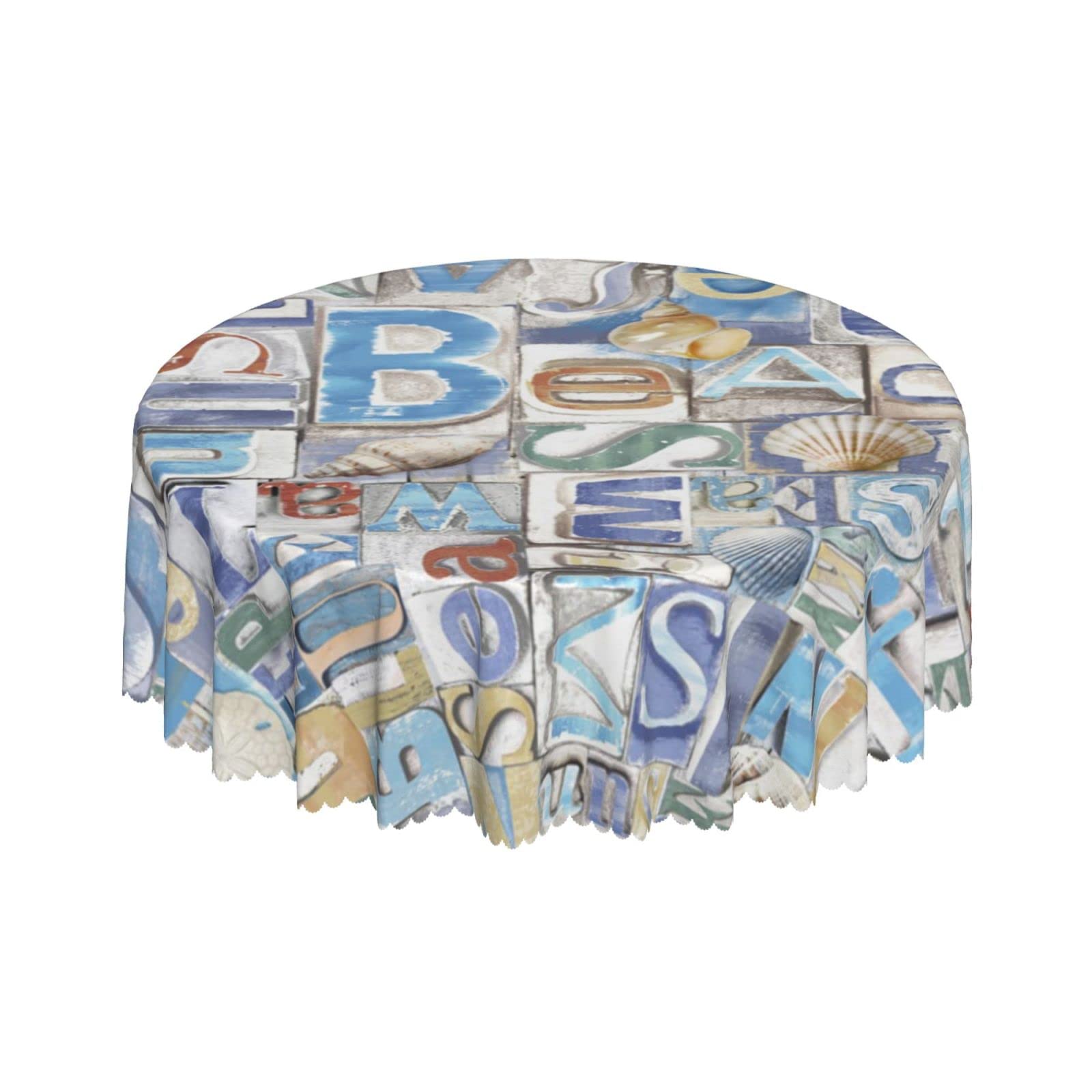 Lsjuee Letters Seashell Beach Vintage Round Tablecloth 60 Inch Printed Washable Tablecloth for Dining Party Holiday Fall Home Decorative