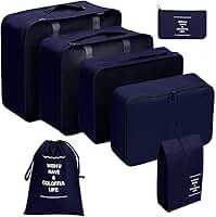 Organizador Viagem Kit 7 Peças - Necessaire para Bagagem Malas Roupas Bolsa Cosméticos Higiene - Dobrável Impermeável Multiuso Feminina Masculina Unissex Grande Compacto Prático (AZUL)