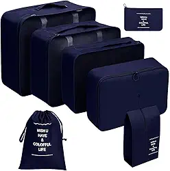 Organizador Viagem Kit 7 Peças - Necessaire para Bagagem Malas Roupas Bolsa Cosméticos Higiene - Dobrável Impermeável Multiuso Feminina Masculina Unissex Grande Compacto Prático (AZUL)