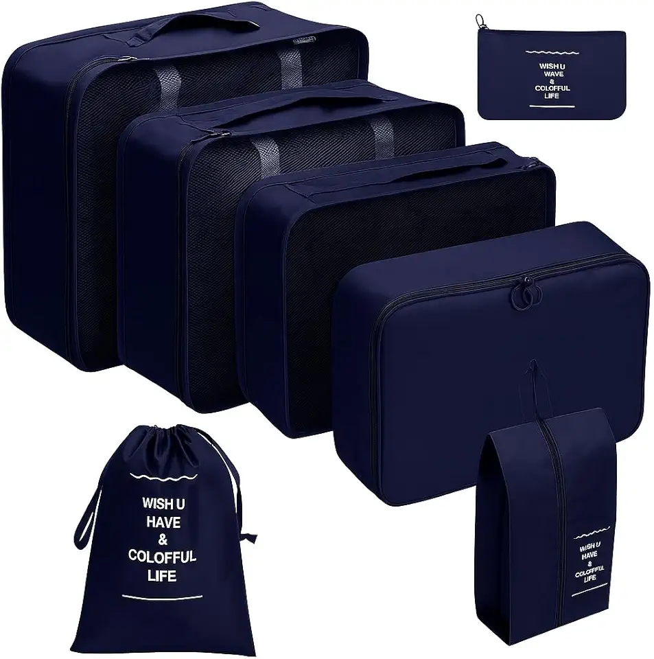 Organizador Viagem Kit 7 Peças - Necessaire para Bagagem Malas Roupas Bolsa Cosméticos Higiene - Dobrável Impermeável Multiuso Feminina Masculina Unissex Grande Compacto Prático (AZUL)